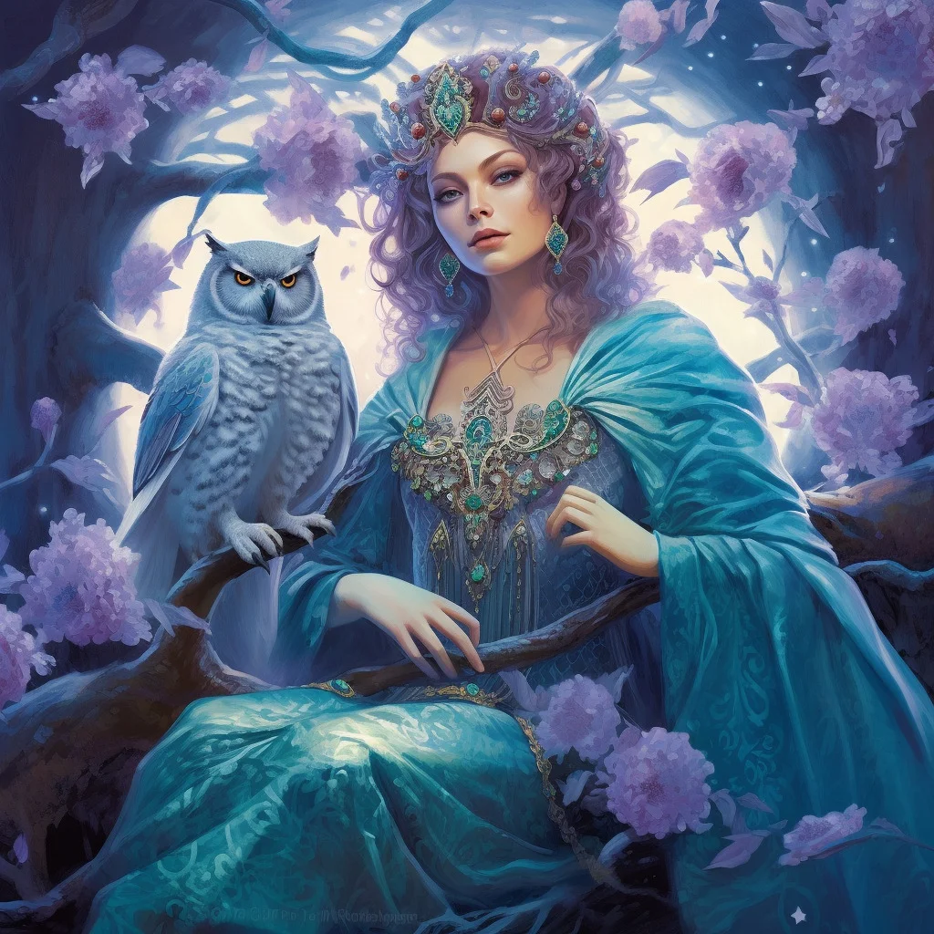 The High Priestess Tarot card meaning, major arcana, Goddess Minerva, owl spirit animal, Midjourney art by Vanessa Hylande
