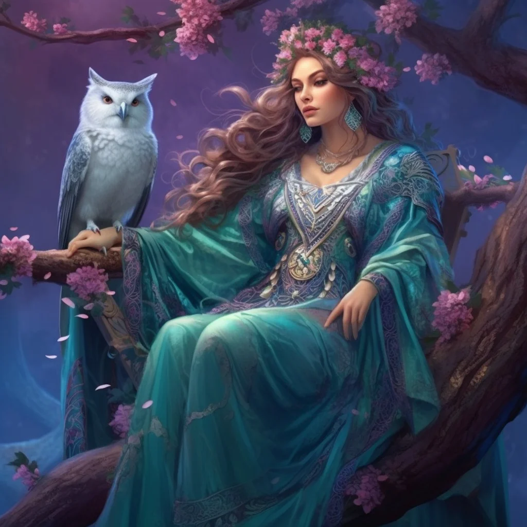 The High Priestess Tarot card meaning, major arcana, Goddess Minerva, owl spirit animal, Midjourney art by Vanessa Hylande