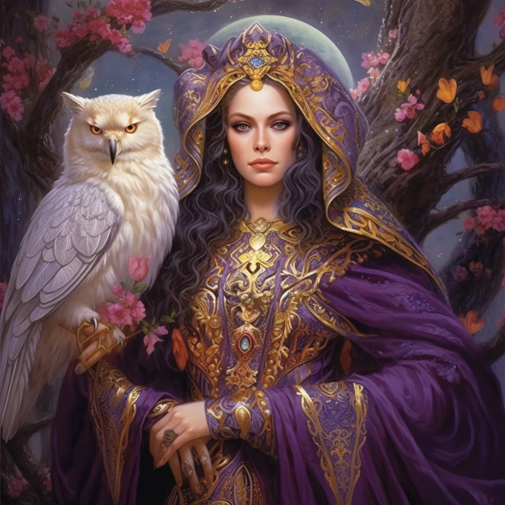The High Priestess Tarot card meaning, major arcana, Goddess Minerva, owl spirit animal, Midjourney art by Vanessa Hylande