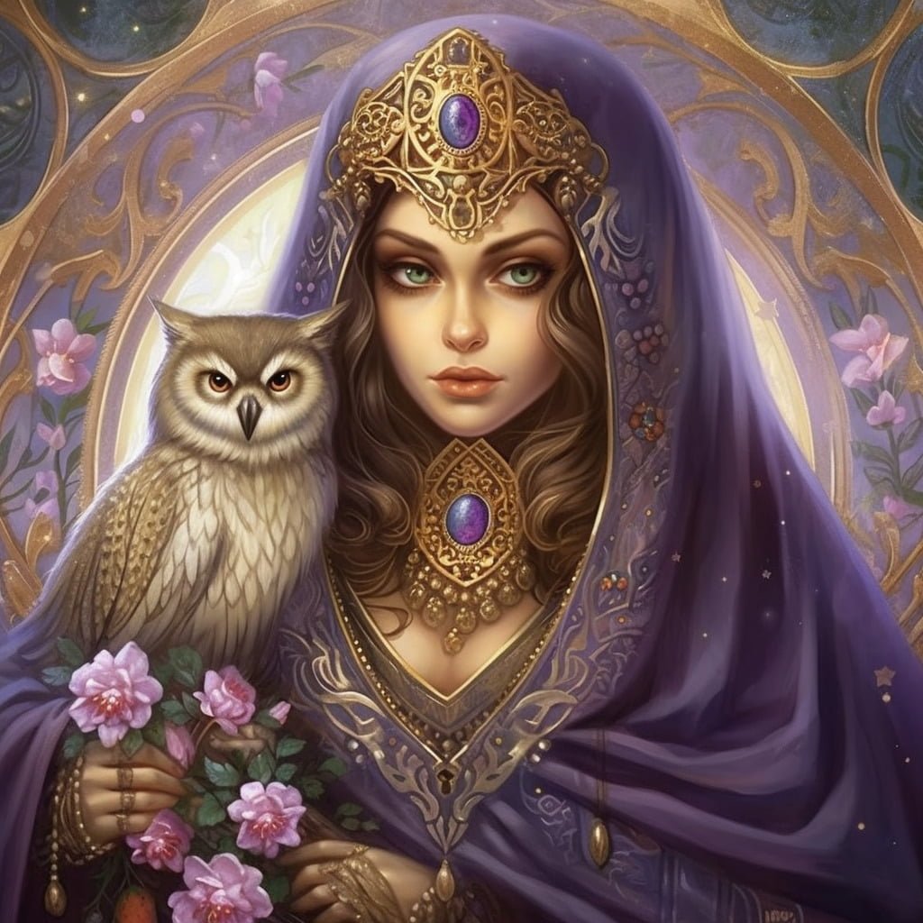 The High Priestess Tarot card meaning, major arcana, Goddess Minerva, owl spirit animal, Midjourney art by Vanessa Hylande