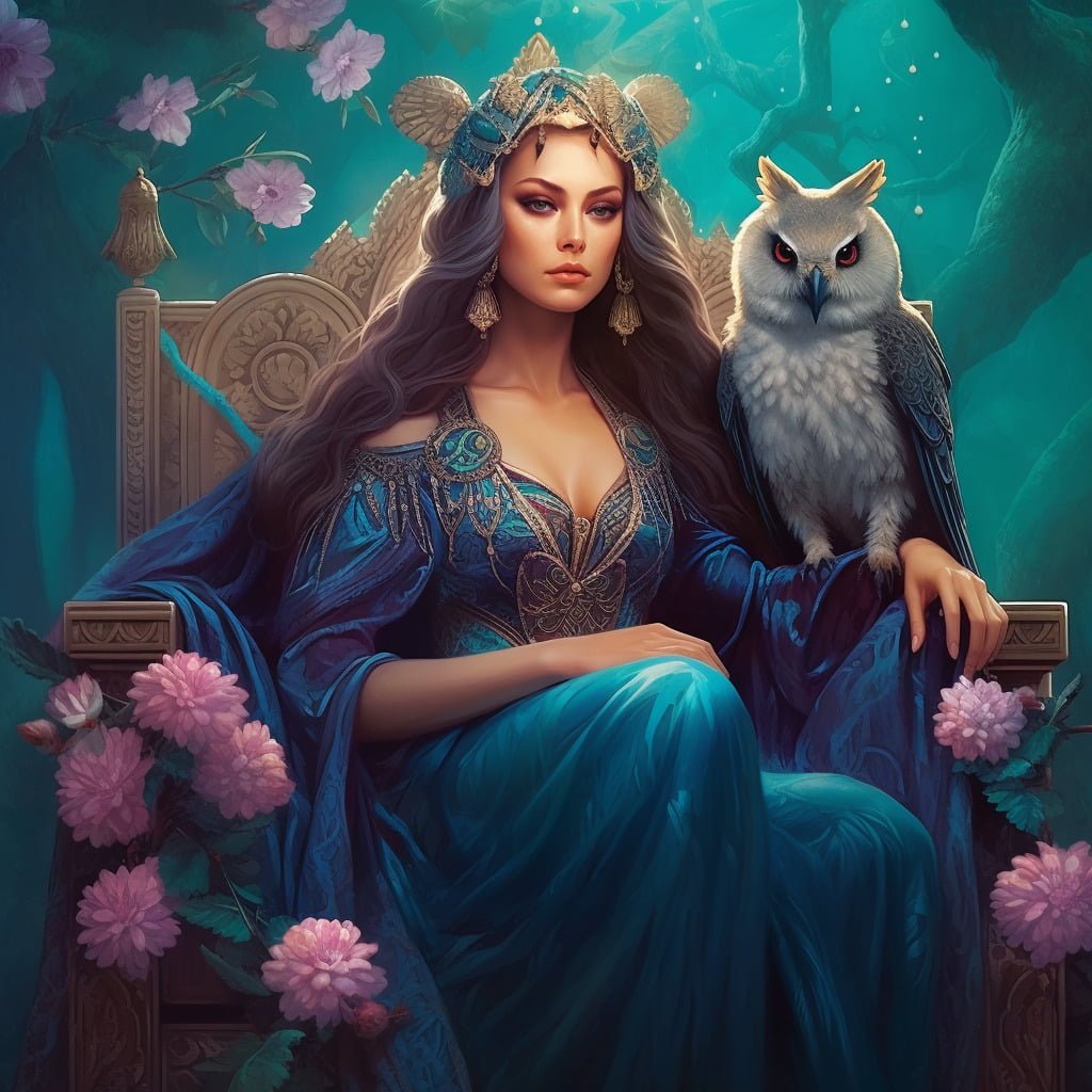 The High Priestess Tarot card meaning, major arcana, Goddess Minerva, owl spirit animal, Midjourney art by Vanessa Hylande