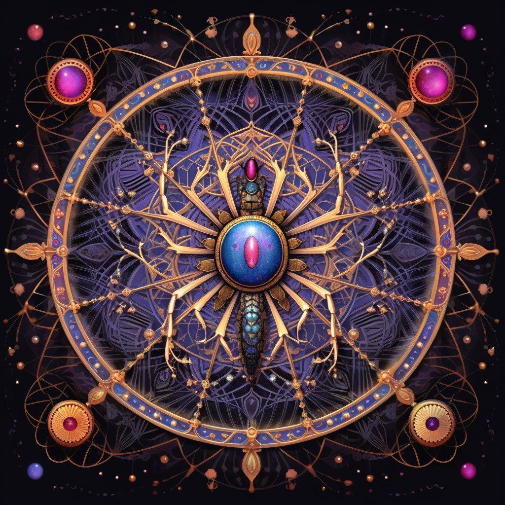 the wheel of fortune tarot card meaning, spirder spirit animal, destiny, Midjourney art by Vanessa Hylande