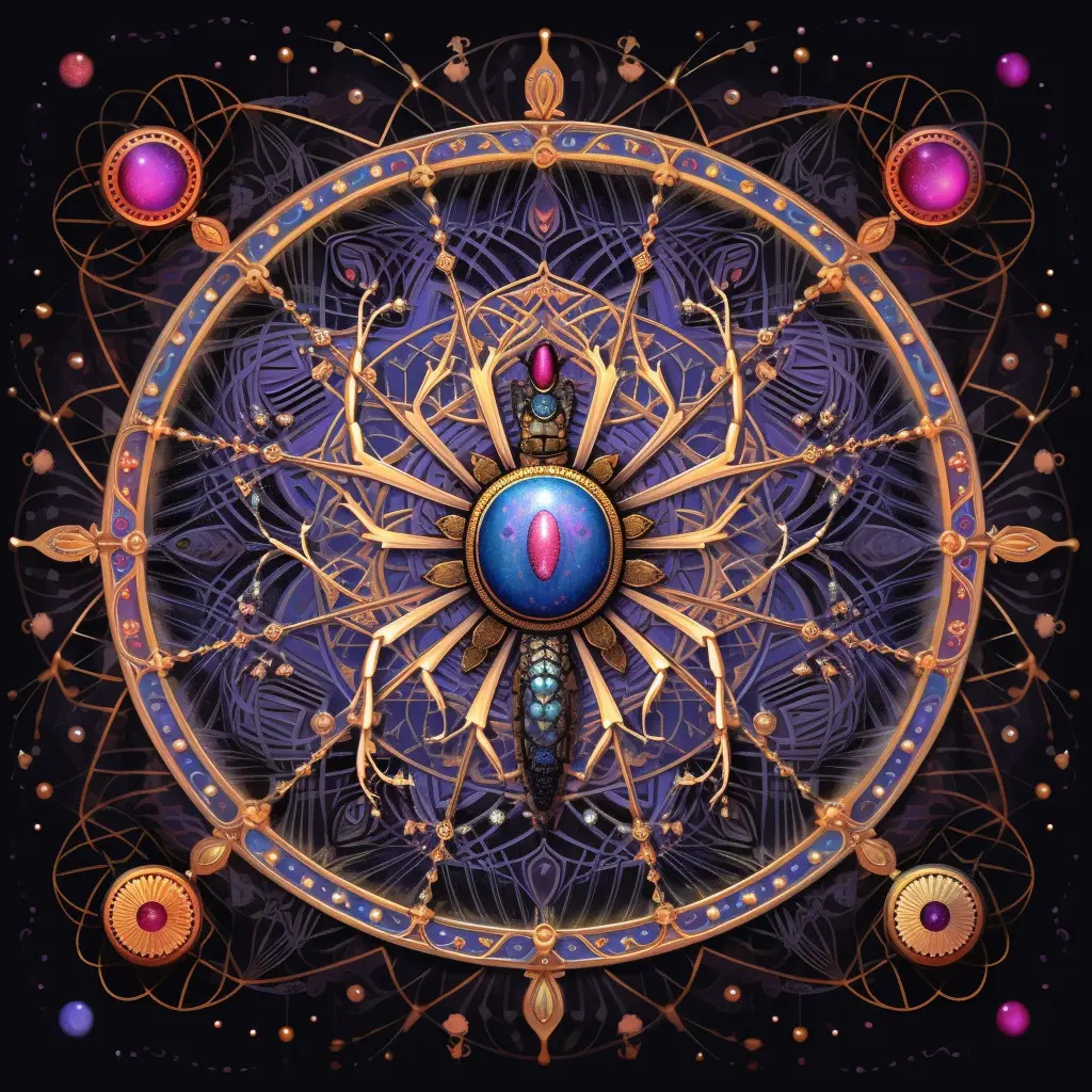 the wheel of fortune tarot card meaning, spirder spirit animal, destiny, Midjourney art by Vanessa Hylande