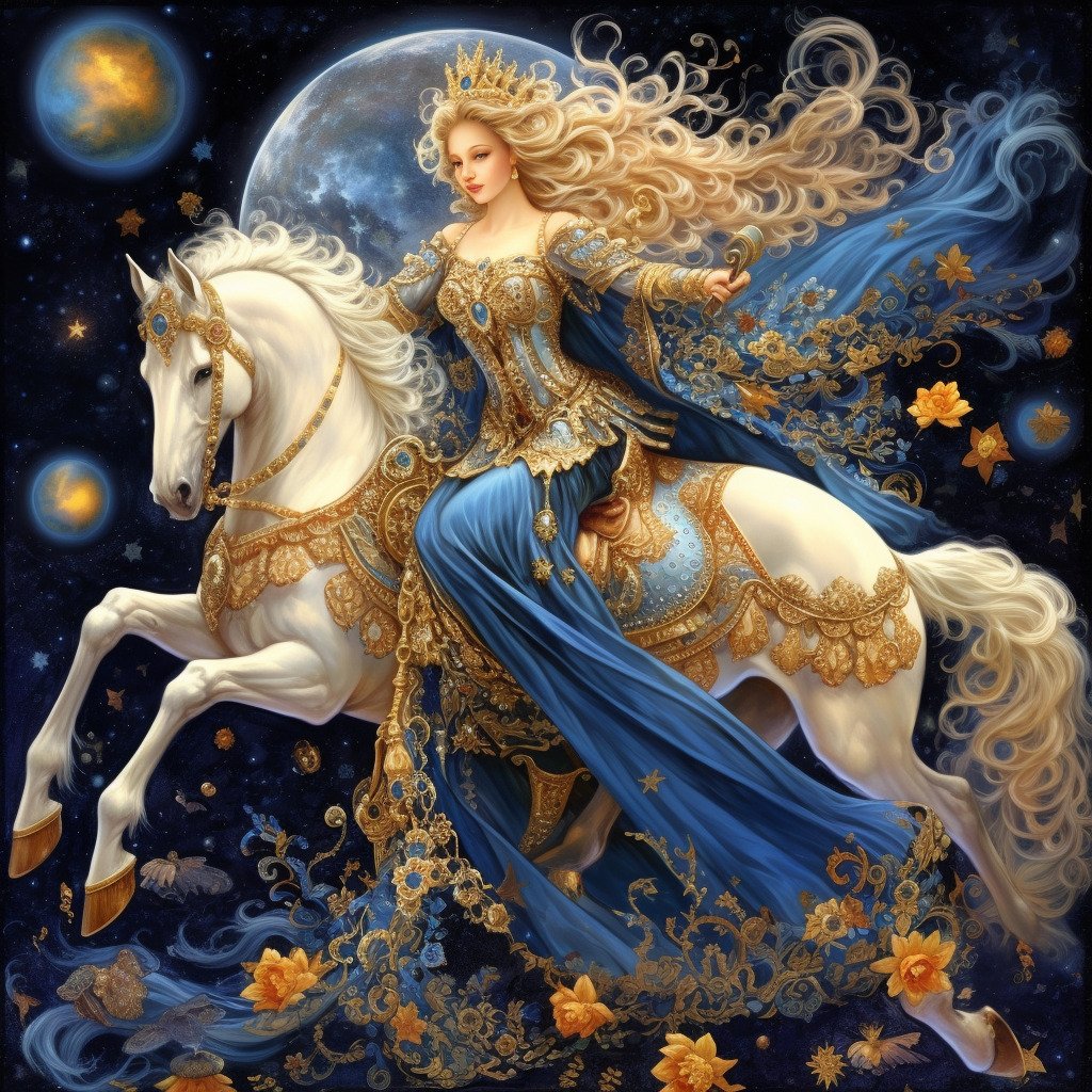 the chariot tarot card meaning, divine feminine tarot, horse spirit animal, major arcana, Midjourney art by Vanessa Hylande