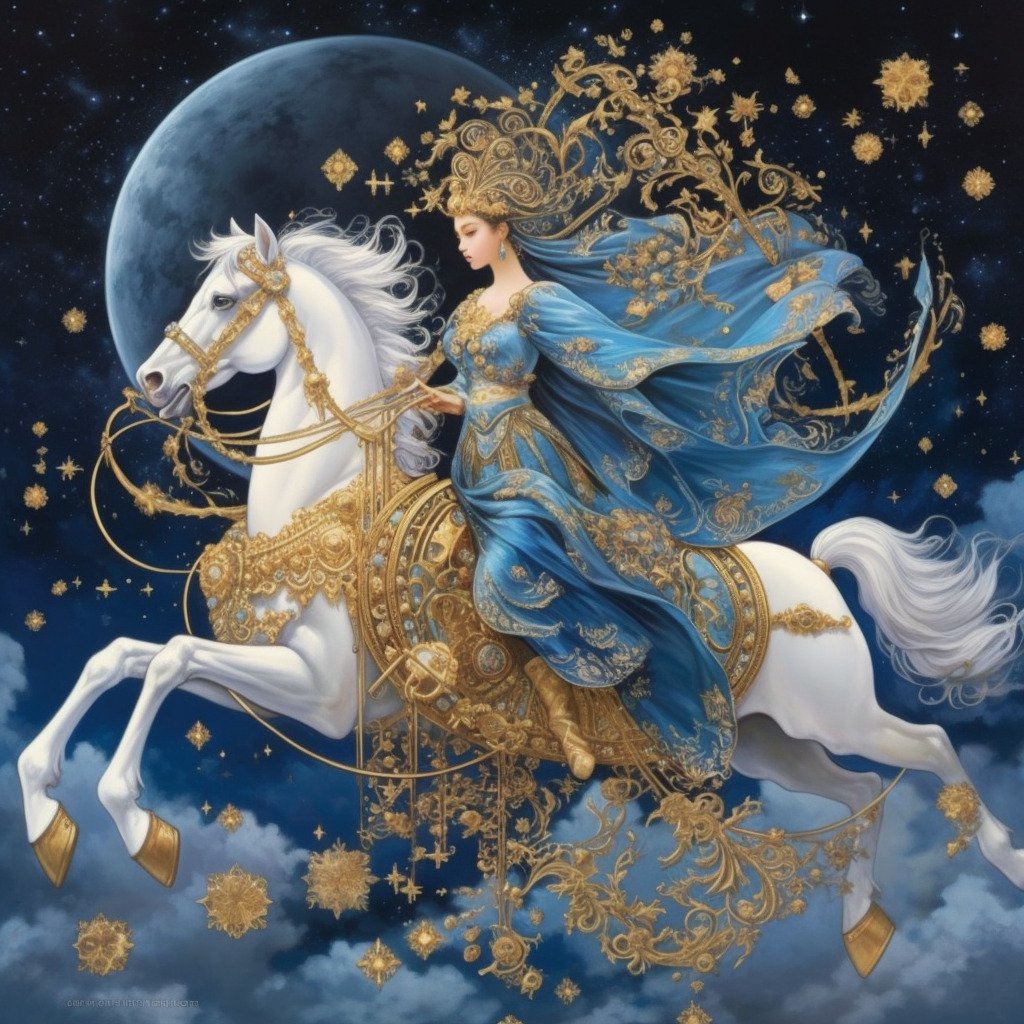 the chariot tarot card meaning, divine feminine tarot, horse spirit animal, major arcana, Midjourney art by Vanessa Hylande