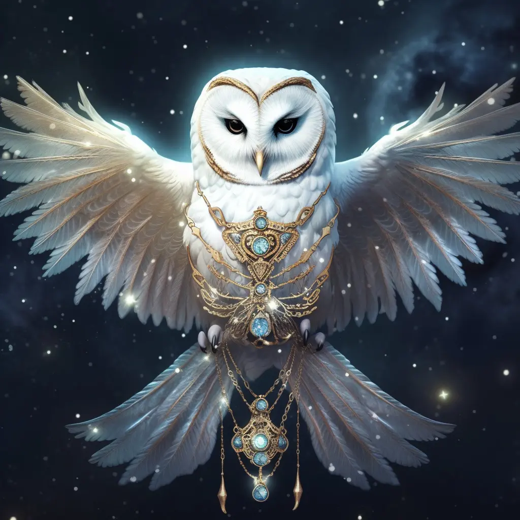 The Moon Tarot card meaning, major arcana, the owl spirit animal, Midjourney art by Vanessa Hylande