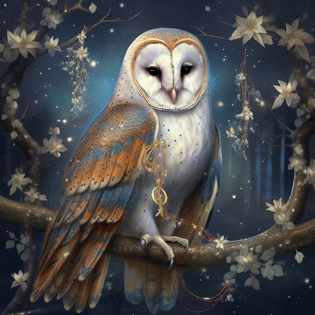 The Moon Tarot card meaning, major arcana, the owl spirit animal, Midjourney art by Vanessa Hylande