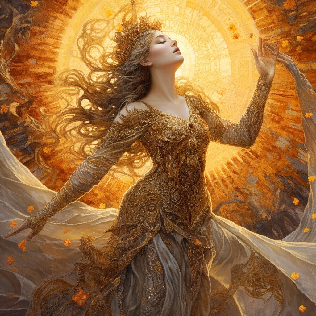 The Sun tarot card meaning, major arcana, the sun card, Leo zodiac sign, Fire element, Midjourney art by Vanessa Hylande