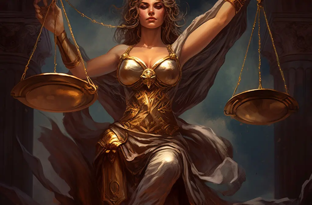 justice tarot card meaning, major arcana, lady justice, Libra, Midjourney art by Vanessa Hylande