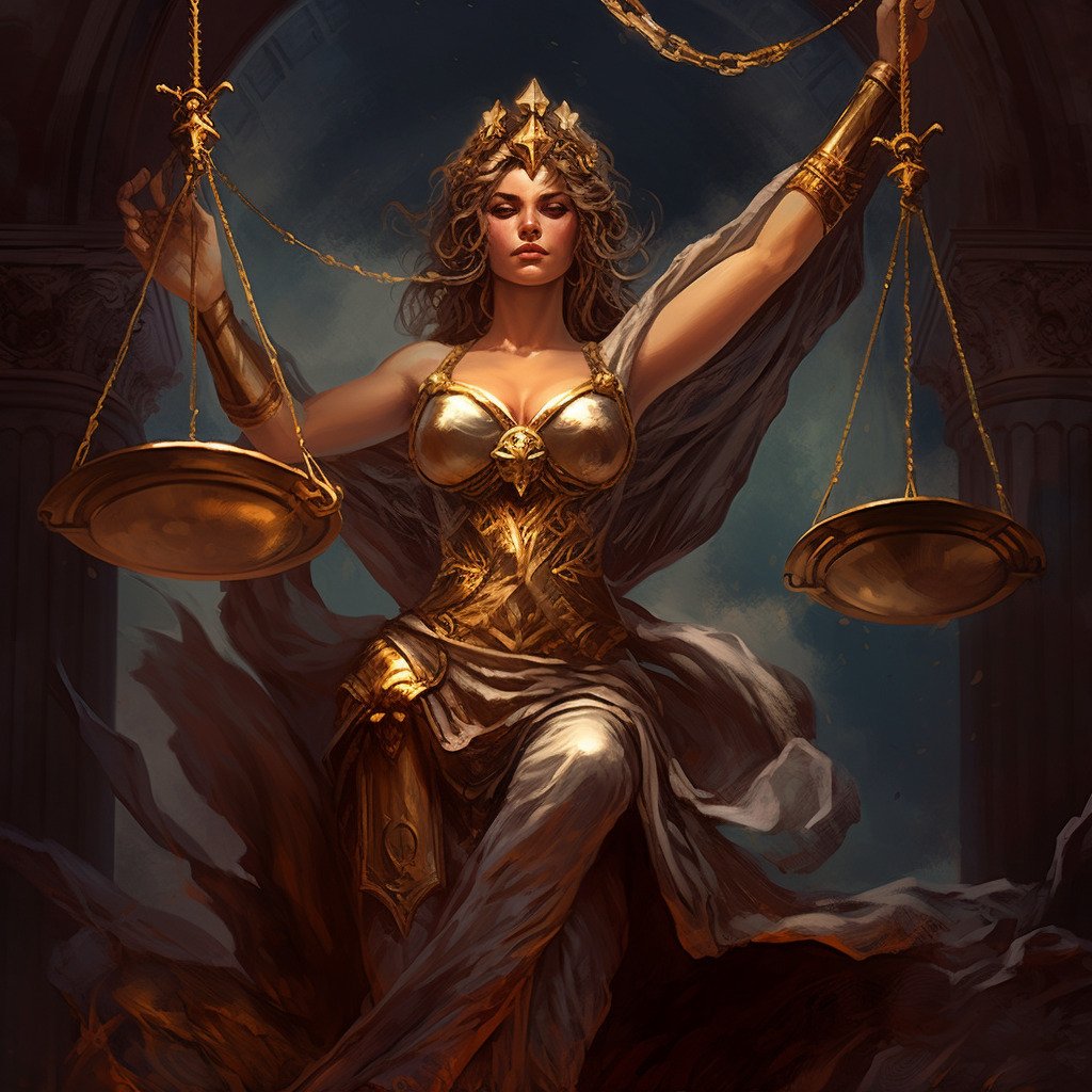 justice tarot card meaning, major arcana, lady justice, Libra, Midjourney art by Vanessa Hylande