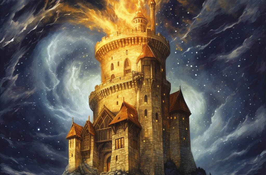 the tower tarot card meaning, tower card, major arcana, Midjourney art by Vanessa Hylande