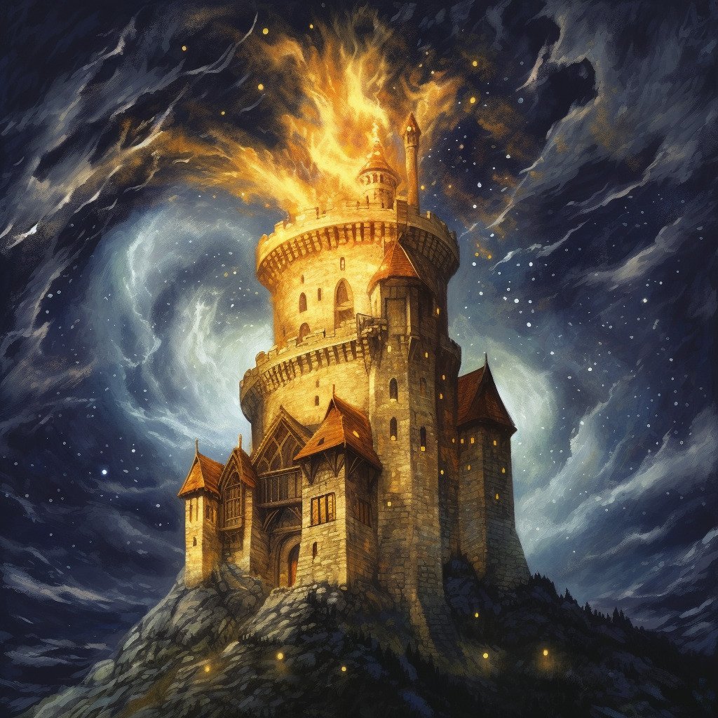 the tower tarot card meaning, tower card, major arcana, Midjourney art by Vanessa Hylande