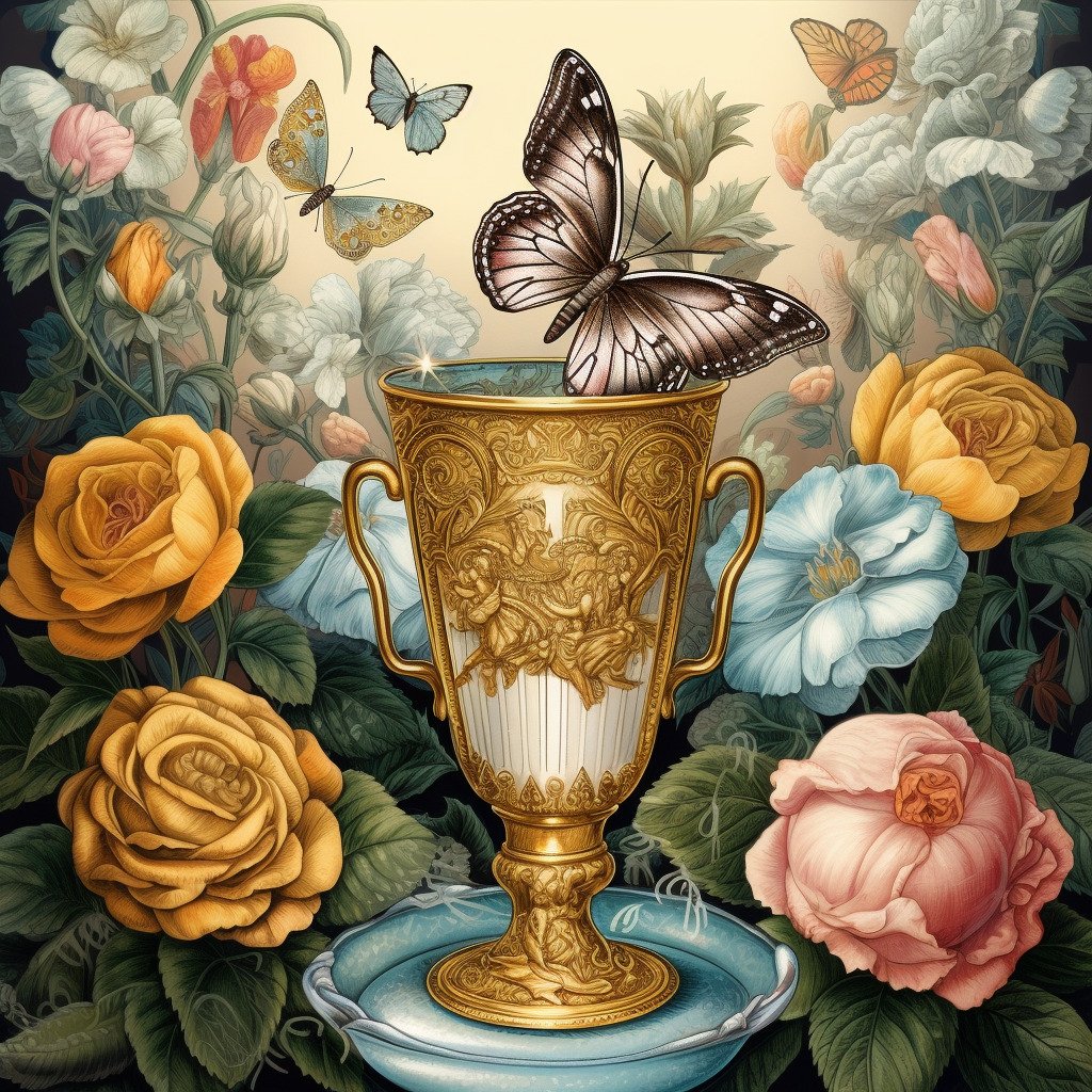 Ace of cups tarot card meaning, love, minor arcana, Midjourney art by Vanessa Hylande, TarotFlower deck
