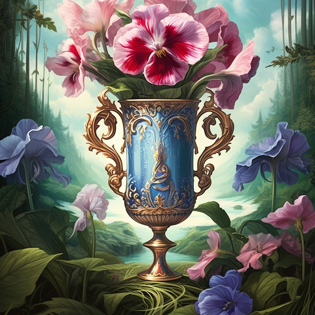 Ace of cups tarot card meaning, love, minor arcana, Midjourney art by Vanessa Hylande, TarotFlower deck