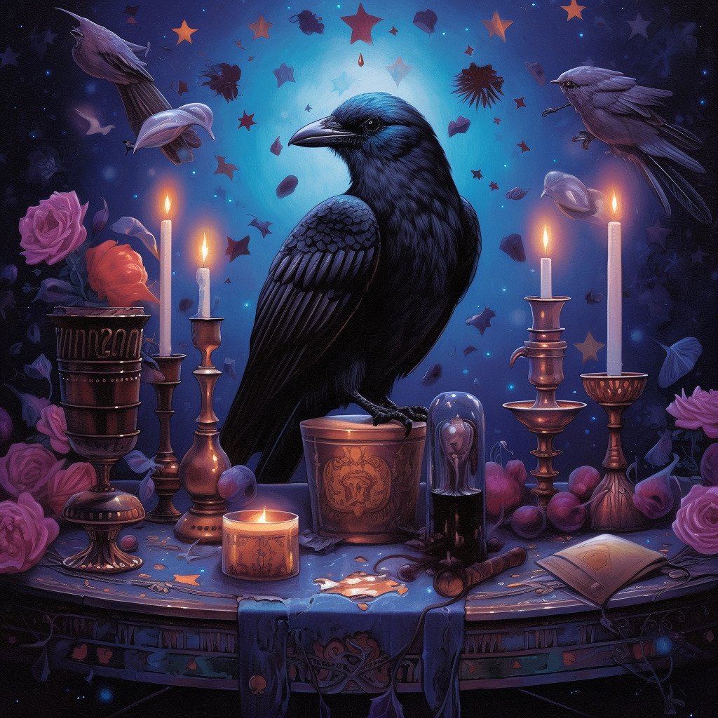 the magician tarot card meaning, major arcana, raven spirit animal, Midjourney art by Vanessa Hylande