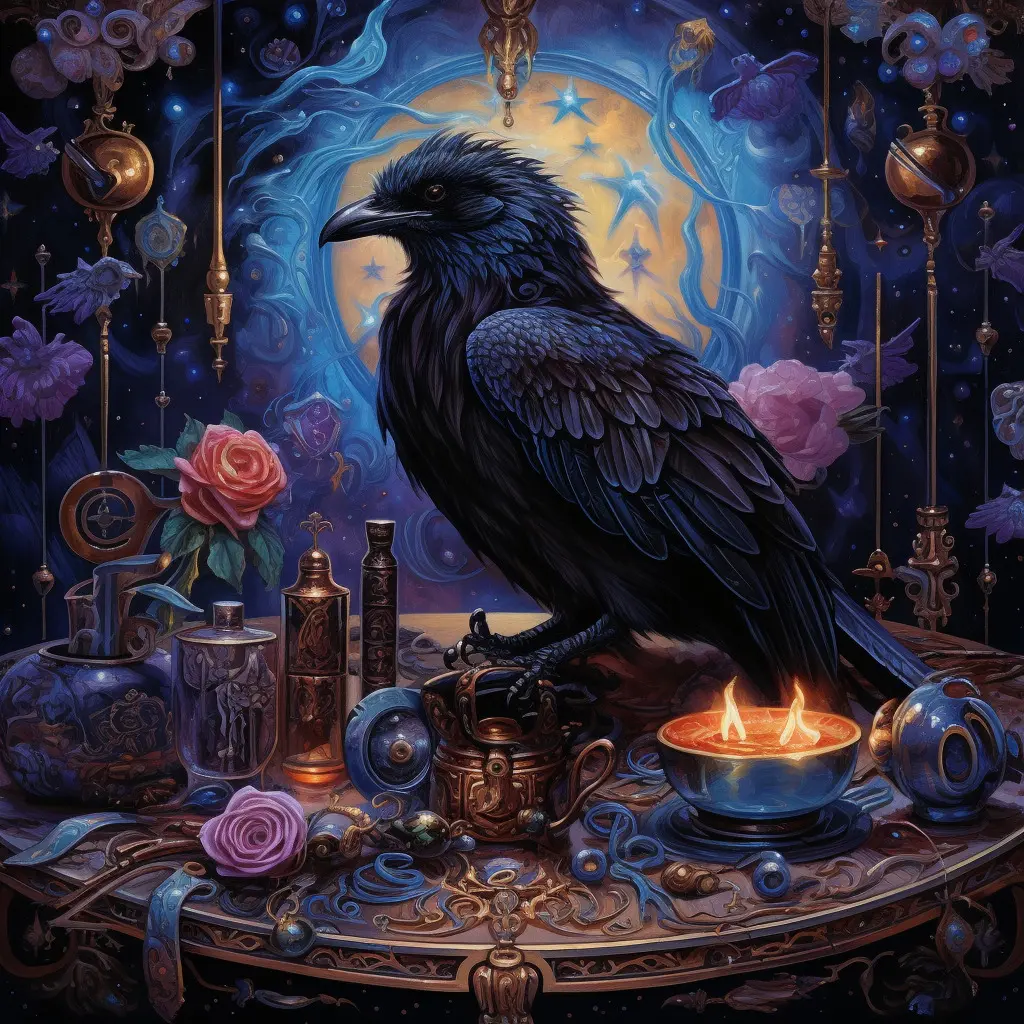 the magician tarot card meaning, major arcana, raven spirit animal, Midjourney art by Vanessa Hylande