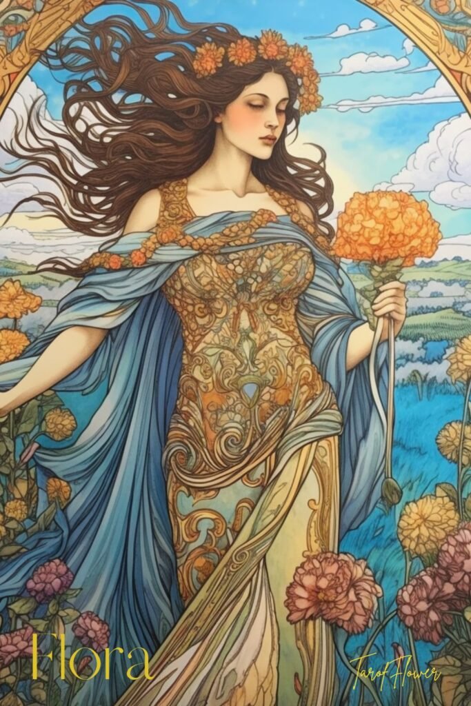Goddess Flora Card, Goddess of Spring, Tarot Flower deck, tarot cards, oracle cards, tarot deck, oracle deck, Midjourney art by Vanessa Hylande